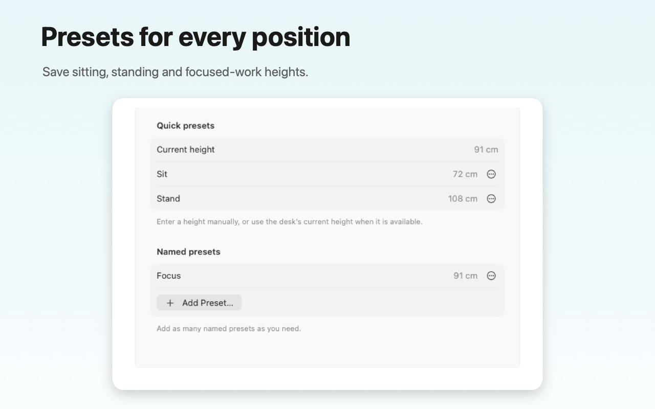 StandPilot preset settings for sitting, standing, and custom heights